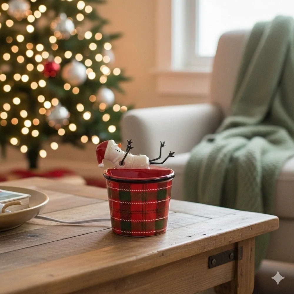Scentsy Tart Warmer Snowman Mug Plaid‎ Red Green Christmas Fragrance Electric